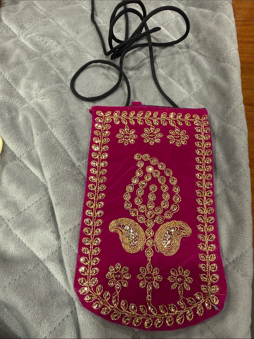 Embellished Pink Velvet Crossbody Bag with Gold Embroidery